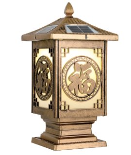Solar pillar light with glazed-tile cap, Fu-character motif, aluminium body, 200 mm, Weichun Lighting